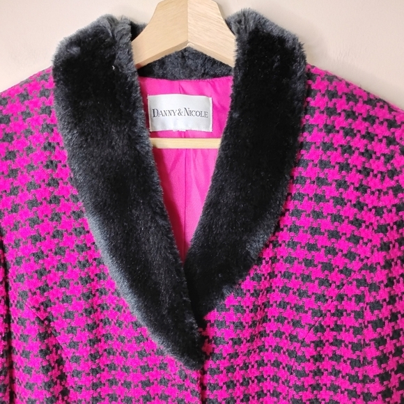 VTG Danny & Nicole Pink Houndstooth Blazer Faux-Fur Shawl Collar Sz 14 Clueless - Picture 5 of 11